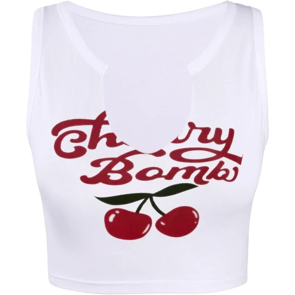 Women Crop Tank Top Cotton V Neck Graphic Sleeveless Summer Slim Fit - Picture 4 of 6
